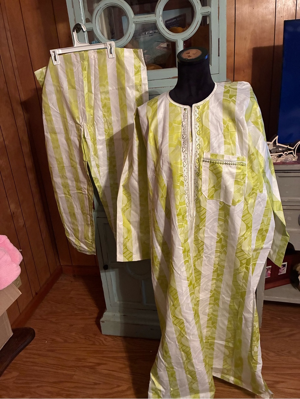 Handmade Lime Green and White Striped 2 Piece Global Kaftan B12 One Size